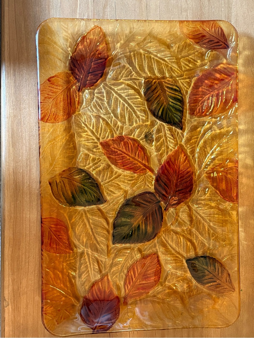 Amber Glass Wall Art Panel with Autumn Leaf Motif